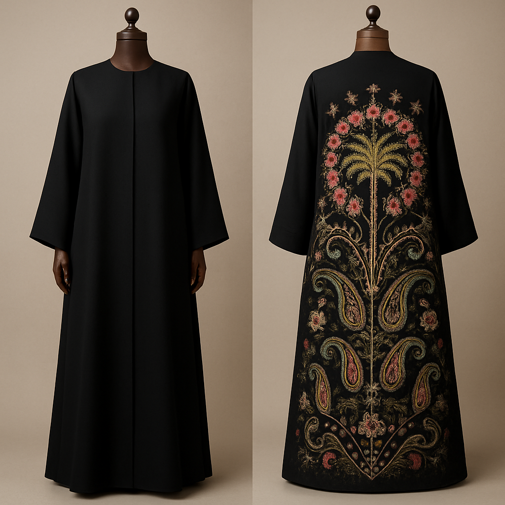 ‏4) Back‑Panel Narrative Abaya (recommended)
‏"Minimal elegant front, dramatic large back panel from low back to ankle: central stylized palm tree crowned by a wreath of Taif roses, branching Kashmiri paisley motifs and scattered star accents, jacquard back panel with zardozi gold embroidery, silk thread colorwork (rose pinks, deep greens, cream highlights), pearl and bead accents for sparkle, main body in matte crepe, embroidery clearly visible to the ankle, shown on a luxurious carved wooden mannequin, high‑detail photorealistic, editorial product shot, neutral studio backdrop, full‑length framing."


‏4) Back‑Panel Narrative Abaya (recommended)
‏"Minimal elegant front, dramatic large back panel from low back to ankle: central stylized palm tree crowned by a wreath of Taif roses, branching Kashmiri paisley motifs and scattered star accents, jacquard back panel with zardozi gold embroidery, silk thread colorwork (rose pinks, deep greens, cream highlights), pearl and bead accents for sparkle, main body in matte crepe, embroidery clearly visible to the ankle, shown on a luxurious carved wooden mannequin, high‑detail photorealistic, editorial product shot, neutral studio backdrop, full‑length framing."
, show front and back