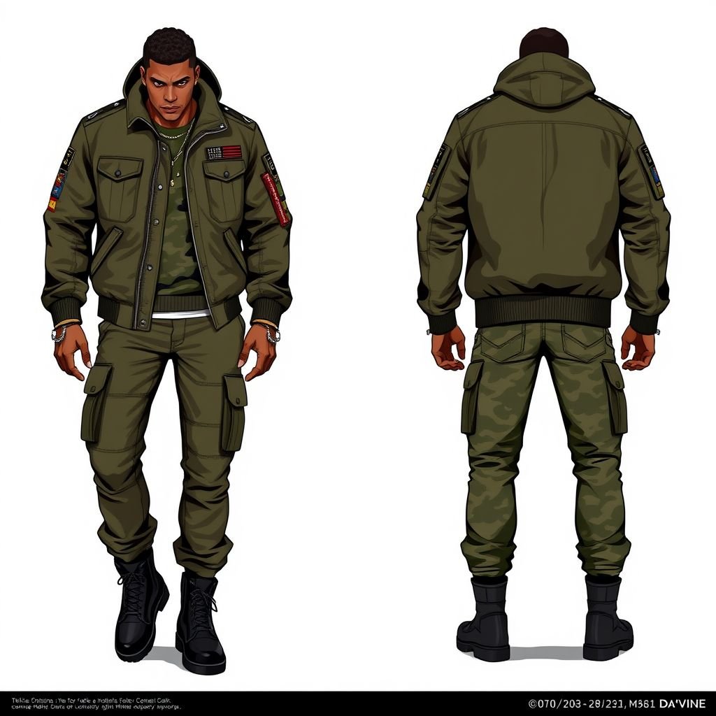 Make me a male military outfit, with my name “Da’Vine” on it. Make it original
Design an original male military outfit for Da’Vine, blending contemporary streetwear with classic military aesthetics. Incorporate a tailored olive-green bomber jacket adorned with embroidered insignia, cargo pants with tactical pockets, and sleek combat boots. Highlight sharp lines, structured shoulders, and a modern camouflage pattern, merging functionality with fashionable flair in a bold ensemble.