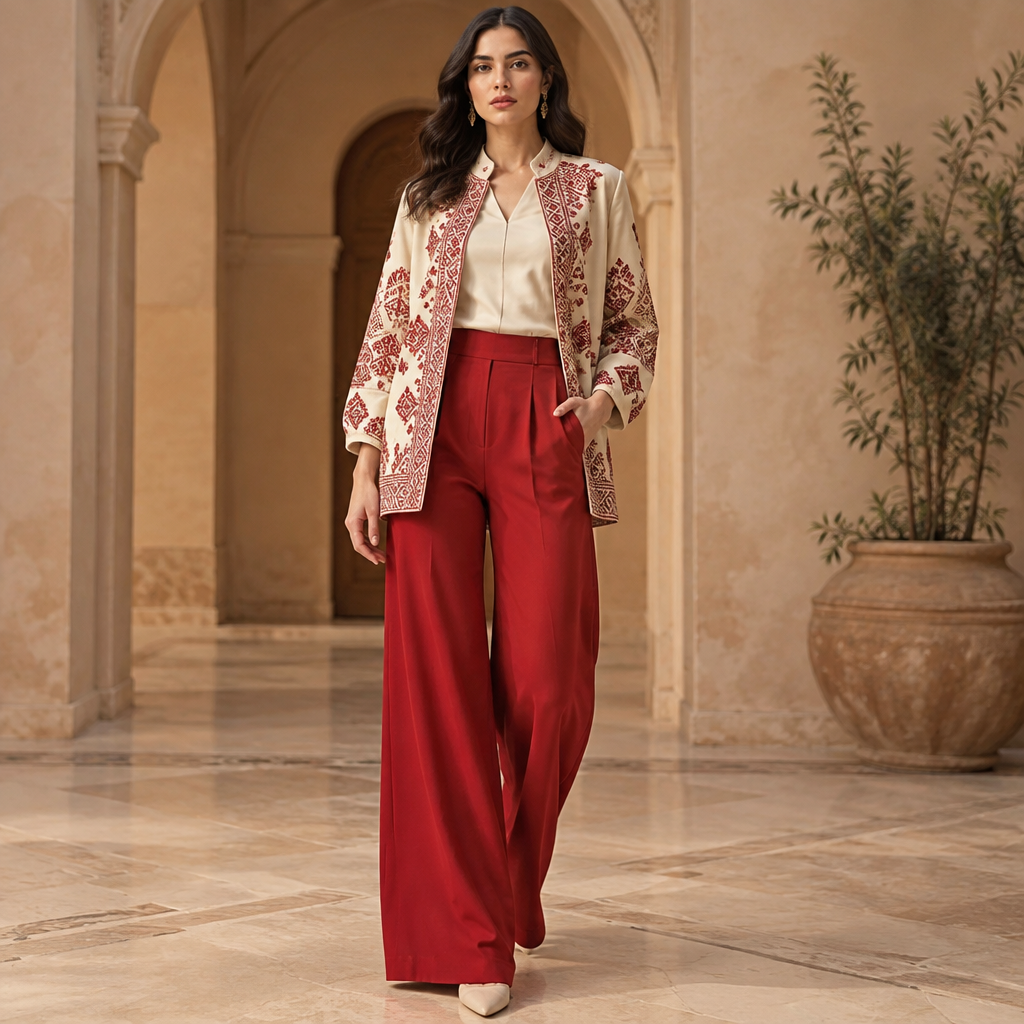 A Female Dress design, suitable for Fall. سروال احمر. Algeria fashion aesthetics. Present it as professional fashion catalogue photography: the garment is the subject, shown full-length with editorial styling, neutral posing and tasteful, non-suggestive framing.
photorealistic fashion design, A Female Dress design, suitable for Fall. سروال احمر. Algeria fashion aesthetics. Present it as professional fashion catalogue photography: the garment is the subject, shown full-length with editorial styling, neutral posing and tasteful, non-suggestive framing., just the design no text