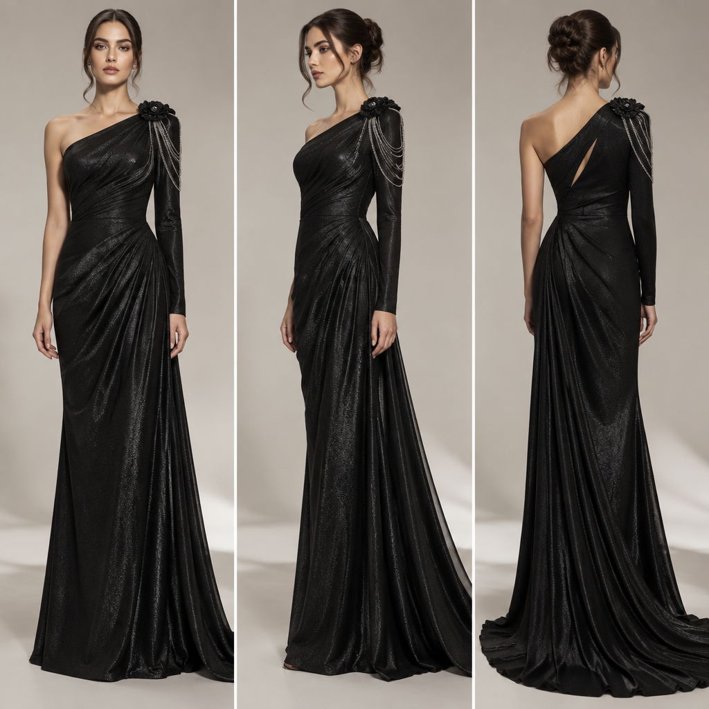 photorealistic fashion design, photorealistic fashion design, A Female Dress design, suitable for Fall. فستان اسود طويل لامع بفتحة جانبية متعرجة خصر متشابك كتف واحد مكشوف أكمام طويلة ظهر نصف مفتوح بقوس حاد و ذيل طويل غير متماثل و على إحدى كتفيه زهرة سوداء معدنية صغيرة تتفرع منها خيوط فضية رقيقة Present it as professional fashion catalogue photography: the garment is the subject, shown full-length with editorial styling, neutral posing and tasteful, non-suggestive framing., just the design no text. Refinement: غط القدم و الخصر , just the design no text. Refinement: غط الساق و الخصر و قم بتصغير فتحة الظهر
photorealistic fashion design, photorealistic fashion design, photorealistic fashion design, A Female Dress design, suitable for Fall. فستان اسود طويل لامع بفتحة جانبية متعرجة خصر متشابك كتف واحد مكشوف أكمام طويلة ظهر نصف مفتوح بقوس حاد و ذيل طويل غير متماثل و على إحدى كتفيه زهرة سوداء معدنية صغيرة تتفرع منها خيوط فضية رقيقة Present it as professional fashion catalogue photography: the garment is the subject, shown full-length with editorial styling, neutral posing and tasteful, non-suggestive framing., just the design no text. Refinement: غط القدم و الخصر , just the design no text. Refinement: غط الساق و الخصر و قم بتصغير فتحة الظهر , just the design no text