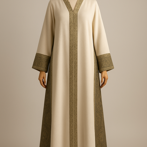 
(photorealistic)
"Photorealistic full-length fashion photograph of an ankle-length ivory white abaya v cut from front  and najdi geometric embroidery in gold for the edges(2.5cm) just front with out hands,displayed on a luxurious light polished wooden mannequin. The abaya features long side slits from underarm to ankle with an external Kashmiri patterned panel attached to the outer edge of each slit; the Kashmiri panel is jacquard/textured paisley in complementary-olive green with little gold touches tones. A narrow Najdi geometric embroidery (3–3.5 cm wide) in matte antique-gold thread runs along the outer edge of each panel, with small repeating motifs spaced every 15–20 cm — embroidery visible down to the ankle. Silhouette: straight A-line, soft drape, lightweight wool-blend, lightly lined. Styling: clean neutral studio background, soft directional warm light, full-length view showing panels to the ankle, high-detail texture and fabric realism. Camera: 35mm perspective, shallow depth of field (f/4), high-resolution output (4k)."
