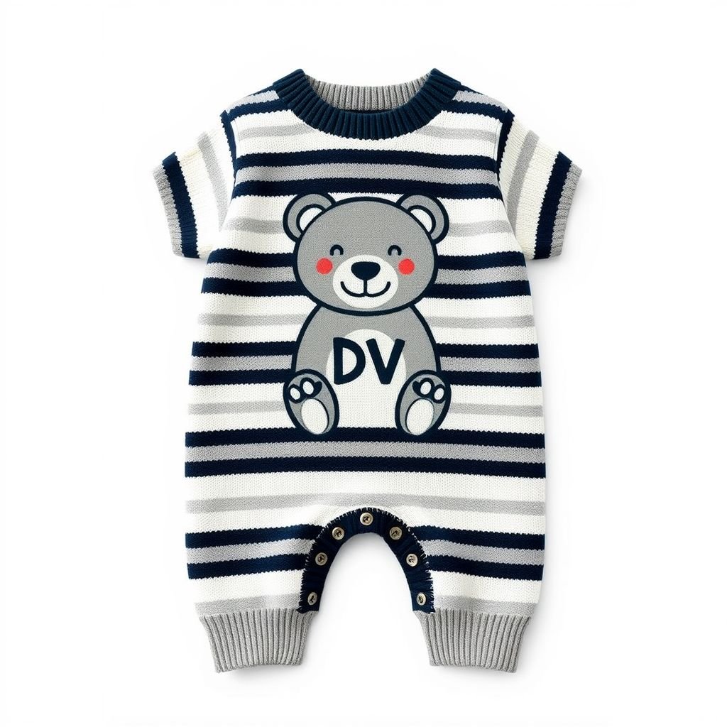 Make me a baby outfit, Baby Boy Cartoon Bear Striped Knitted Romper. With “DV” on it
Design a casual baby boy outfit featuring a striped knitted romper adorned with a playful cartoon bear motif. The romper should be soft, breathable, and easy to put on, with relaxed fit and gentle cuffs. Incorporate the initials “DV” in a whimsical font, blending comfort and cute aesthetics perfectly for everyday wear.