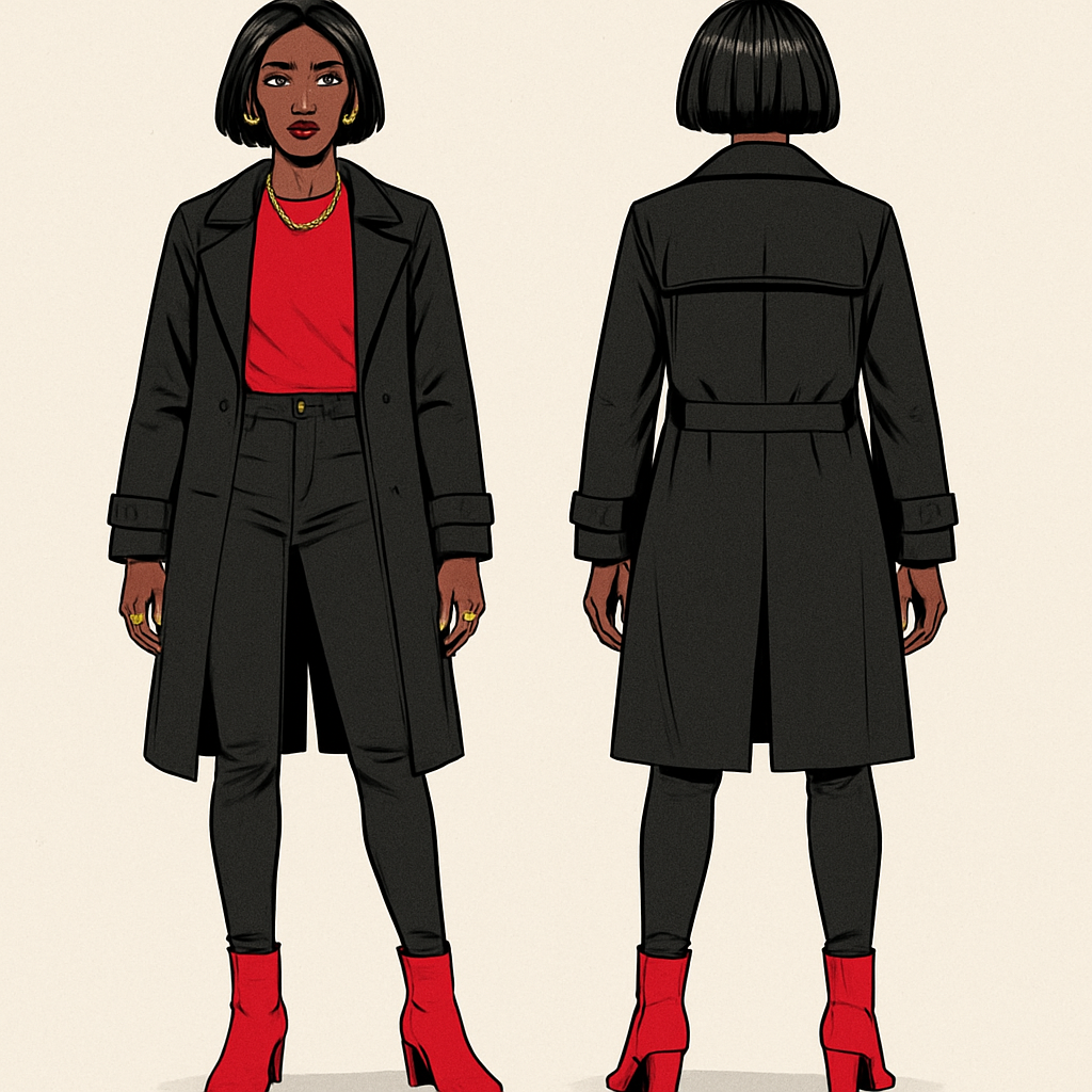 Black woman
Red shirt
Black trench coat
Tight black jeans
Red heel boots
Gold necklace
And earrings
Gold rings on fingers
A Bob
Black woman
Red shirt
Black trench coat
Tight black jeans
Red heel boots
Gold necklace
And earrings
Gold rings on fingers
A Bob , streetwear style, show front and back