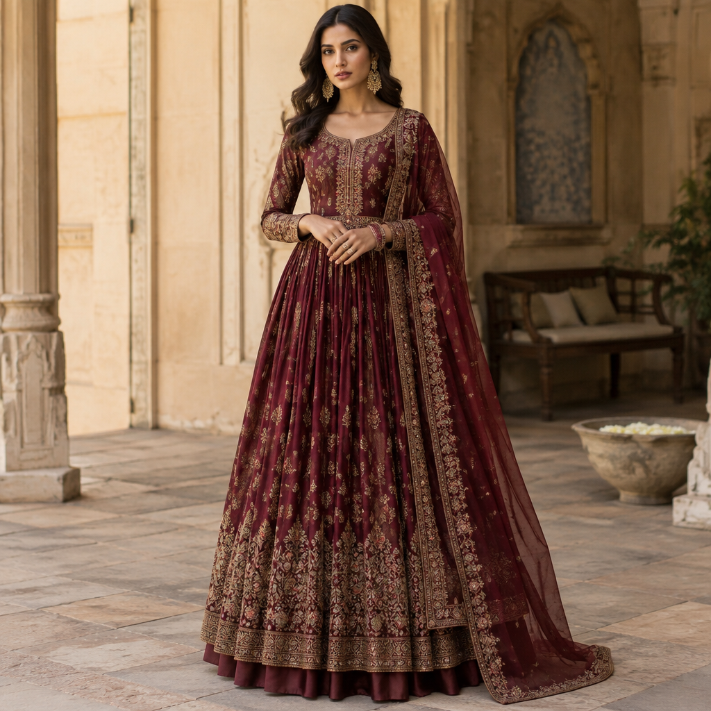 A Female Dress design, suitable for Fall. Consider Indian fashion aesthetics — consider saree, lehenga, salwar kameez, kurti, anarkali; local fabrics like chanderi, banarasi, chikankari, block prints; vibrant colors and rich embroidery. Current season is Autumn in India. Present it as professional fashion catalogue photography: the garment is the subject, shown full-length with editorial styling, neutral posing and tasteful, non-suggestive framing.
photorealistic fashion design, A Female Dress design, suitable for Fall. Consider Indian fashion aesthetics — consider saree, lehenga, salwar kameez, kurti, anarkali; local fabrics like chanderi, banarasi, chikankari, block prints; vibrant colors and rich embroidery. Current season is Autumn in India. Present it as professional fashion catalogue photography: the garment is the subject, shown full-length with editorial styling, neutral posing and tasteful, non-suggestive framing., just the design no text