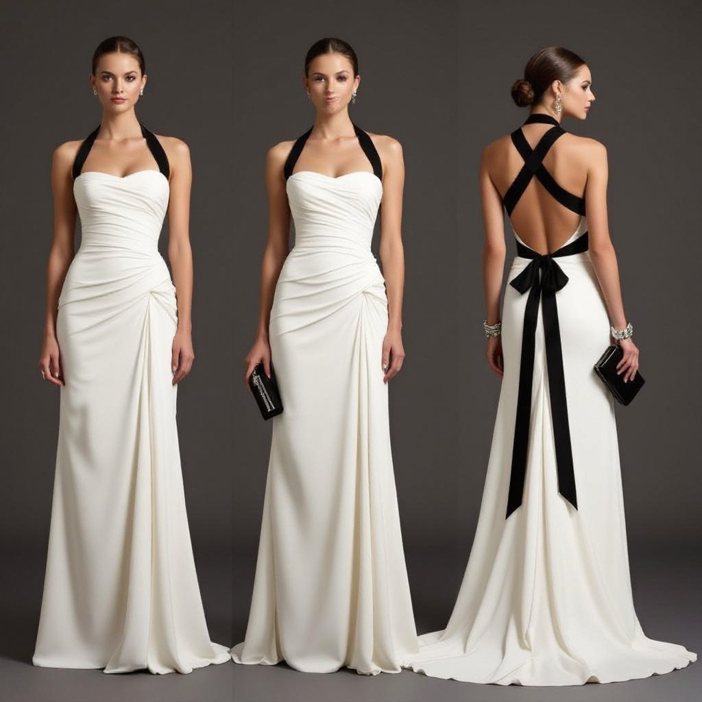 A floor-length evening gown in off-white ivory color with a sleek, fitted bodice. The dress features a high halter neckline in black contrasting fabric and a draped, ruched detail at the hips that cascades into a flowing skirt. The back has black crisscross straps forming an X-shape and a long black bow with two long tails hanging down to the skirt. The dress has a minimalist, elegant, vintage-inspired style, paired with a black clutch bag and silver bracelets.
An off-white ivory floor-length evening gown with a fitted bodice and a high black halter neckline. Draped, ruched hips lead to a flowing skirt. The back features black crisscross straps forming an X and a black bow with long tails. Paired with a black clutch and silver bracelets.
