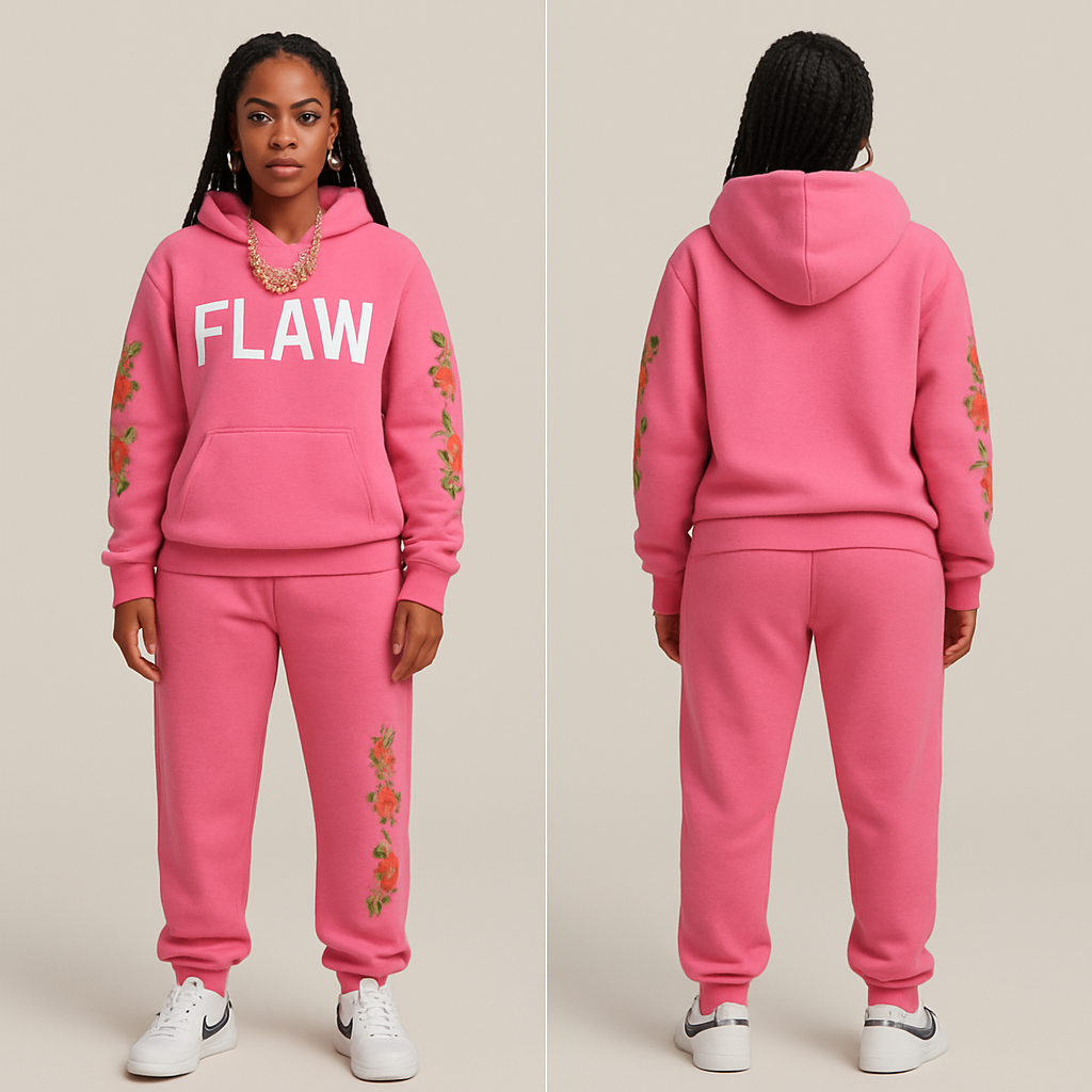 A pink jogging suit with the word FLAW on the hoodie and the jogging pants with flowers as a design flowers on the hoodie sleeves a gold chain and gold hoop earrings and Nike shoes and box braids
A pink jogging suit with the word FLAW on the hoodie and the jogging pants with flowers as a design flowers on the hoodie sleeves a gold chain and gold hoop earrings and Nike shoes and box braids , streetwear style, show front and back