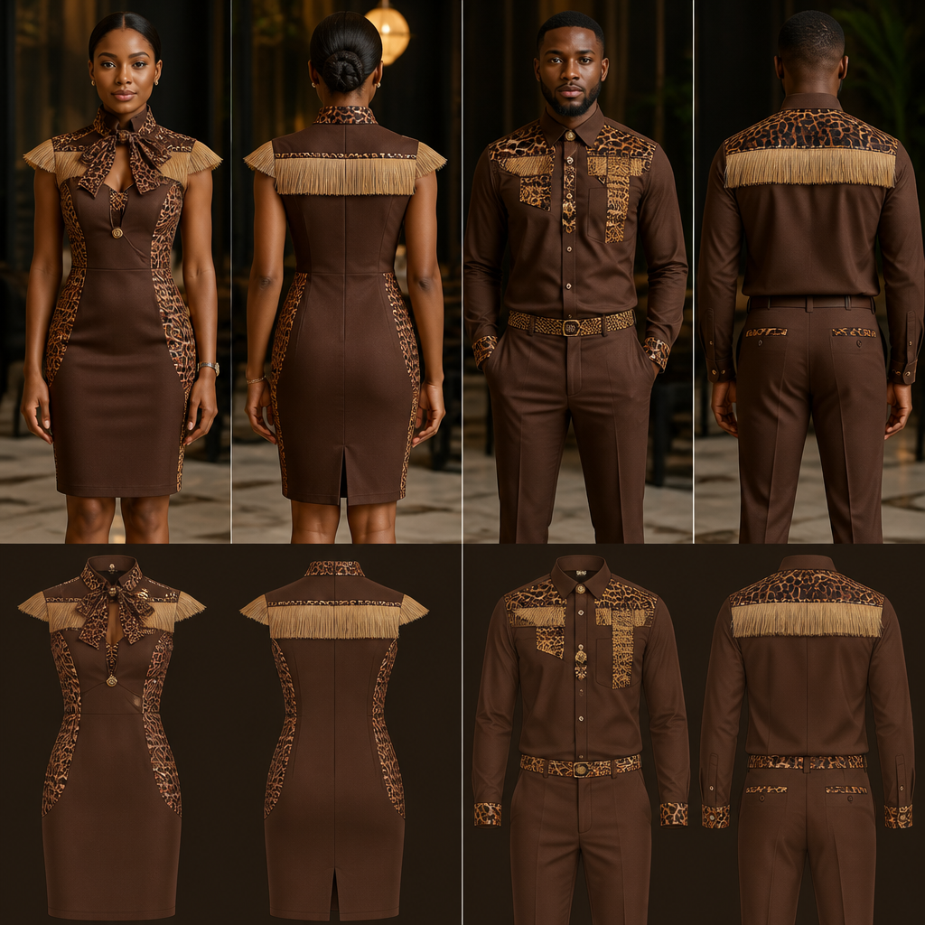 designs de Robe hôtesse pour restaurant différents , robe droite jusqu’au genoux pour femme , col pasteur petite écharpe motif panthère noire et marron , bouton en panthère Avec une touche de paille au niveau des épaules et la poitrine de même pour les hommes pantalon chemise , designs sur la robe en motifs tissu panthère tissu africain ekang Cameroun . La couleur du vêtement est marron , très fashion chic , et élégante , plus stylé et original
photorealistic fashion design, designs de Robe hôtesse pour restaurant différents , robe droite jusqu’au genoux pour femme , col pasteur petite écharpe motif panthère noire et marron , bouton en panthère Avec une touche de paille au niveau des épaules et la poitrine de même pour les hommes pantalon chemise , designs sur la robe en motifs tissu panthère tissu africain ekang Cameroun . La couleur du vêtement est marron , très fashion chic , et élégante , plus stylé et original , office style, just the design no text, show front and back