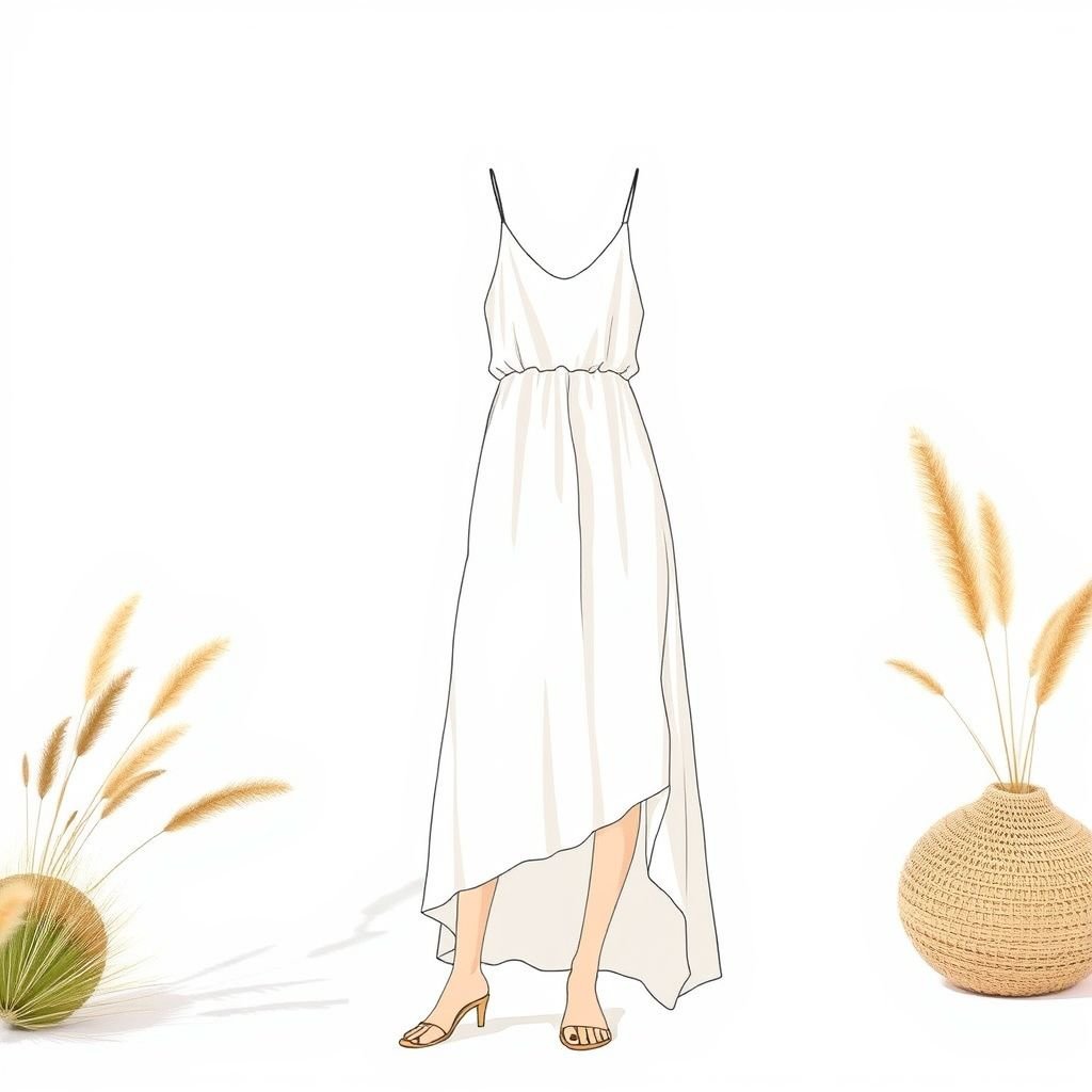 Summer dress minimalist and style eternal
Design a summer dress with a minimalist aesthetic, featuring clean lines and soft, flowing fabrics. Incorporate a timeless silhouette that flatters all body types, with adjustable spaghetti straps and a subtle asymmetrical hem. Use a soft pastel palette, with eco-friendly materials to evoke a sense of effortless elegance and sustainability.