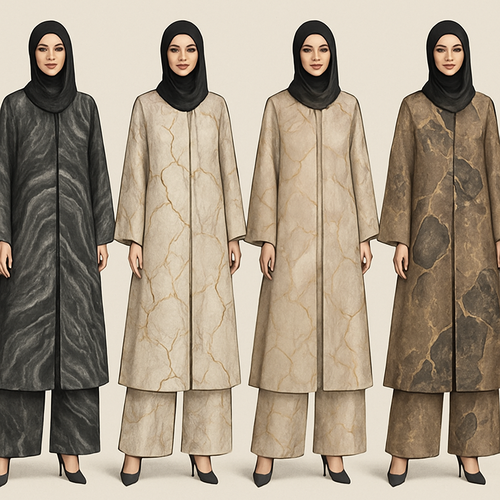 Create a modest abaya and loose pant, first of its kind, featuring a unique stone design that exudes a classy and sophisticated vibe. I'd like four designs, each showcasing different styles and fabrics. Incorporate high-end, unique chic stone designs to make them truly special. Add little sophisticated stone designs. Make it irresistible with designs that stands out.