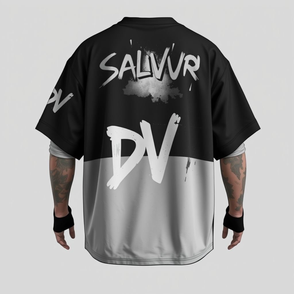 Men’s Shirt. Short sleeve with long sleeve under. With salvation across shoulders on back of shirt. Grey on grey, dark grey/light grey. Oversized streetwear shirt, with light graffiti on it. With “DV” on front in top left. Show both front and back.
Design an oversized men’s streetwear shirt blending urban aesthetics and comfort. Featuring short sleeves layered over long sleeves, it showcases a striking salvation graphic across the back. In dark and light grey hues, subtle graffiti adds an edgy vibe. The front left highlights “DV” for a bold statement piece.