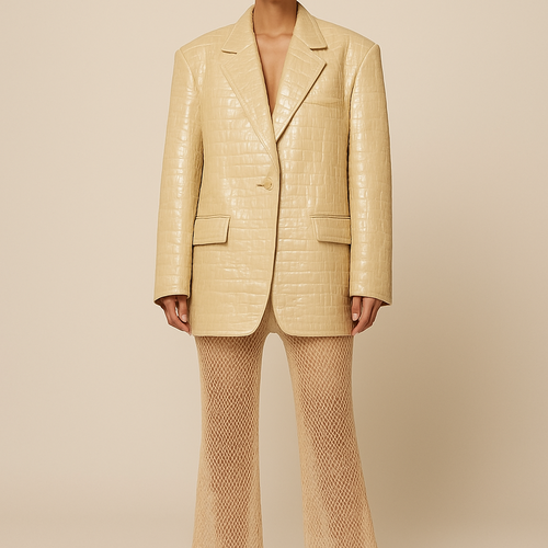 Can you make a leather oversized blazer crocodile print coming to the mid thigh in olive green with shoulder pads
Can you change it to high gloss shine and a lighter shade of olive and show it on a model with bare legs
Can you make the crocodile print more detailed and change the shade to a more shade green and pair it with the same colour mesh trousers
Can you change the colour to cherry red with matching mesh trousers that have a faint snake print design
Can you make the blazer more oversized and a deeper shade of red closer to wine and the trousers looser
Can you show the image in full length with mesh snakeskin flares
Can you change the whole outfit colour to beige
Change to cream with smaller crocodile print design
Cream in colour with dark and light tones on jacket