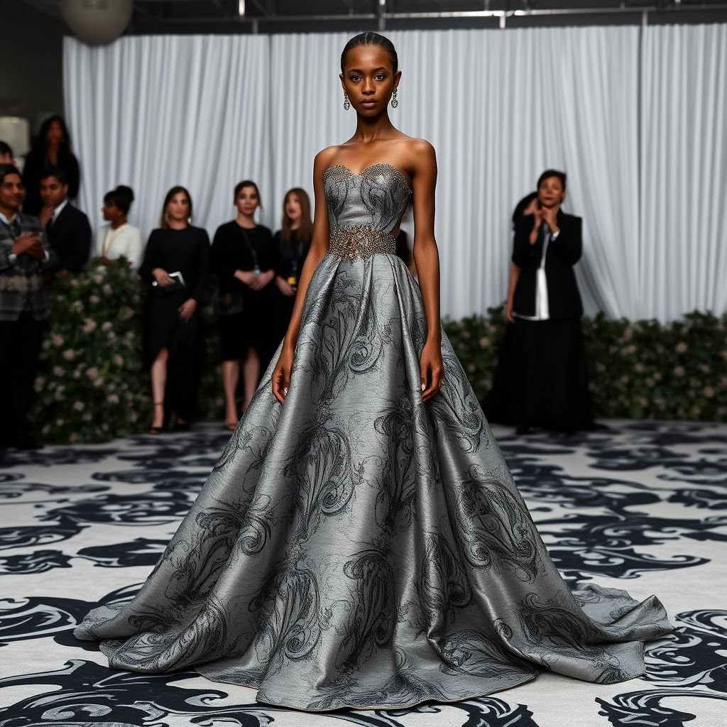 Create me a unique grey and black print met gala dress that resembles the dress Anok Yai wore this year. but I want it to be modest and empowers a Met Gala look. Put “DV” on it somewhere
Design a breathtaking Met Gala gown in a luxurious grey and black print, inspired by Anok Yai's stunning aesthetic. Envision a modest silhouette that cascades elegantly to the floor, empowering the wearer with confidence. Highlight intricate detailing and embellishments, and subtly incorporate “DV” into the fabric for a touch of personalization.