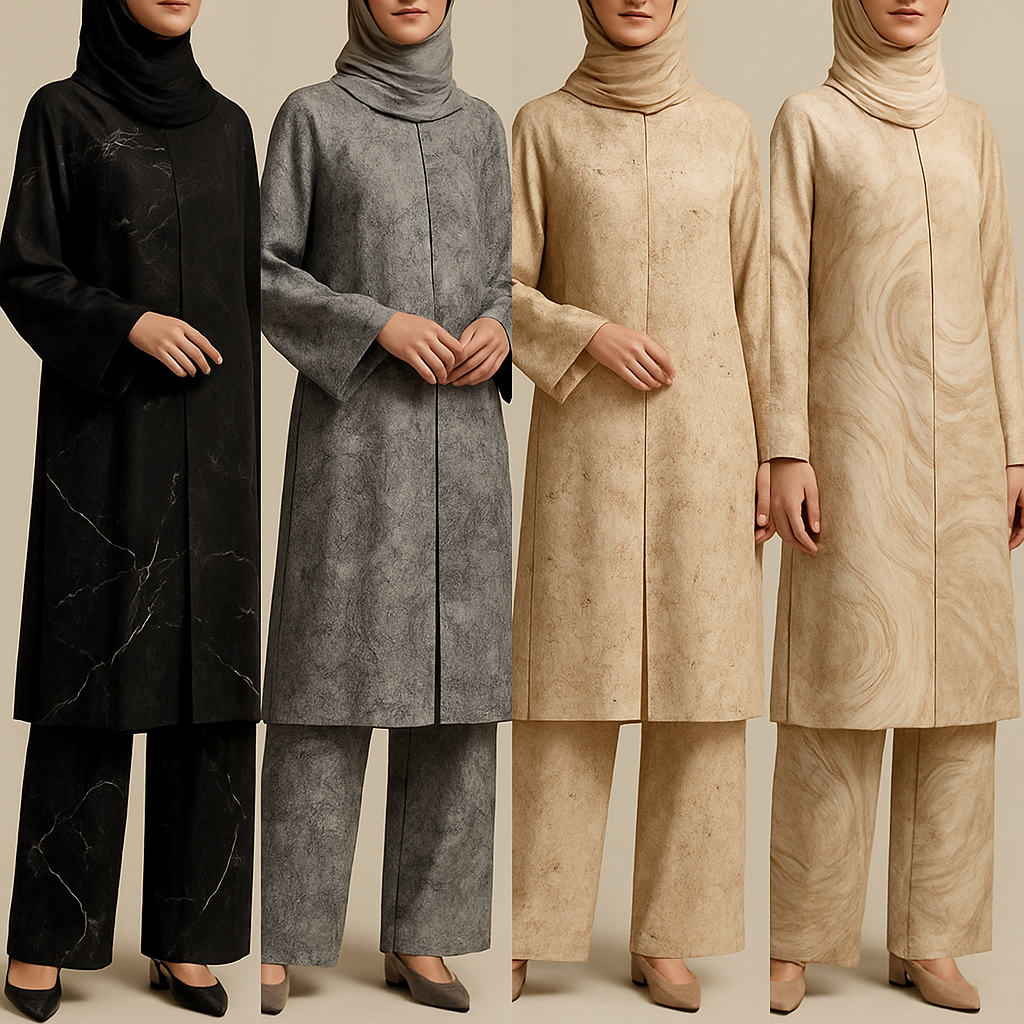 Create a modest abaya and loose pant, first of its kind, featuring a unique stone design that exudes a classy and sophisticated vibe. I'd like four designs, each showcasing different styles and fabrics. Incorporate high-end, unique chic stone designs to make them truly special. Add little sophisticated stone designs. Make it irresistible with designs that stands out.
Create a modest abaya and loose pant, first of its kind, featuring a unique stone design that exudes a classy and sophisticated vibe. I'd like four designs, each showcasing different styles and fabrics. Incorporate high-end, unique chic stone designs to make them truly special. Add little sophisticated stone designs. Make it irresistible with designs that stands out.
