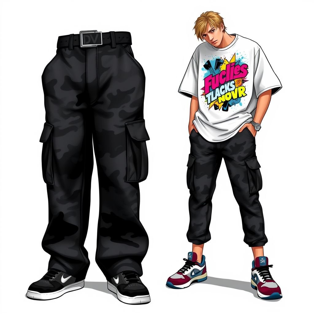 Men baggy cargo pants, black camo, with pockets, and a belt that says “DV” on the metal piece
Design a pair of men’s baggy cargo pants in black camo, embodying the playful spirit of Y2K fashion. Incorporate oversized pockets and a chunky belt featuring a metallic “DV” buckle. Pair these with a vibrant graphic tee and retro sneakers, capturing the nostalgic, eclectic vibe of early 2000s streetwear.