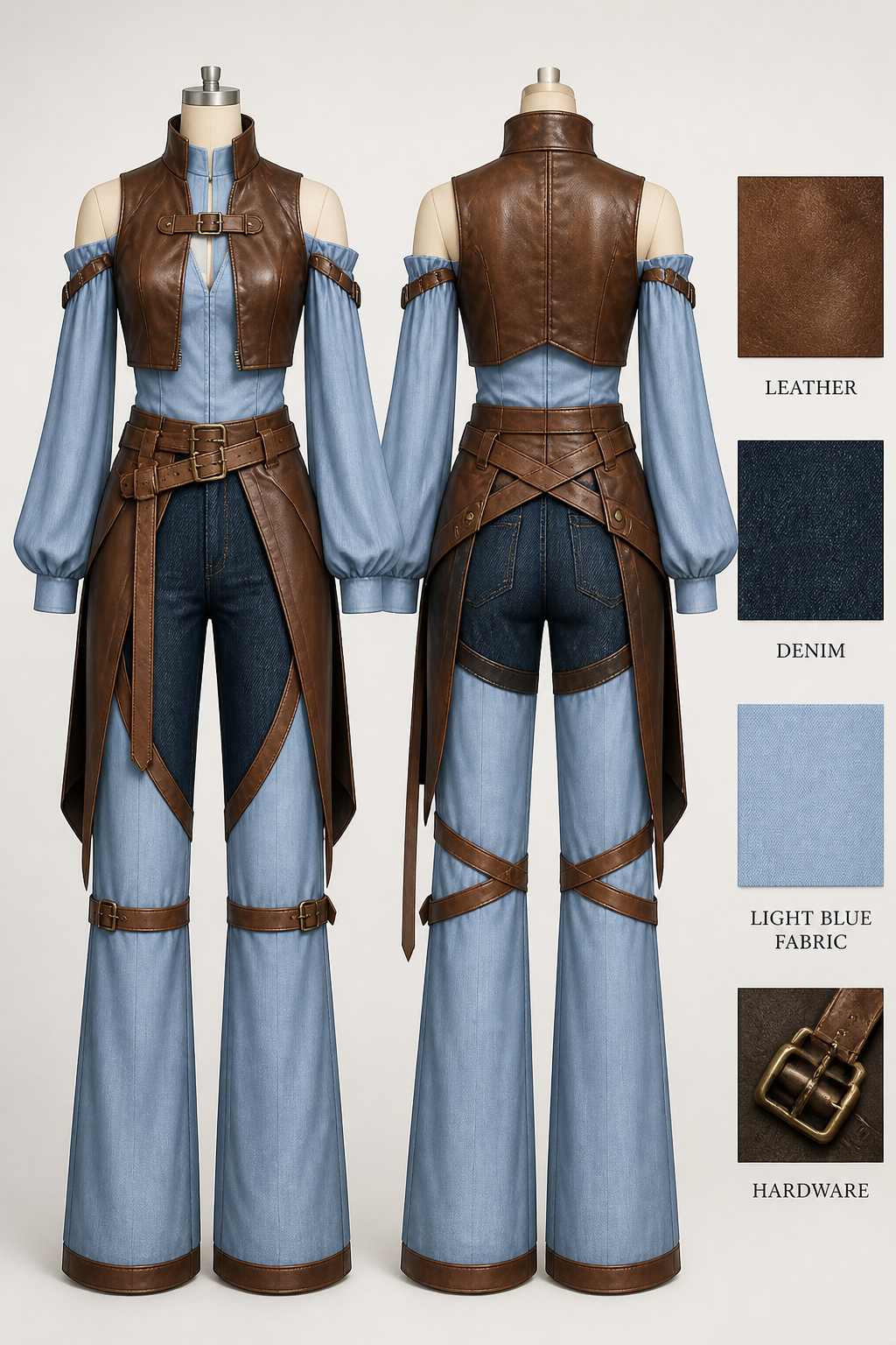 I don't want to change the basic design, but I’d like the materials to be visible. I’d like everything brown to have a leather look, the dark blue to be denim, and for the rest to retain the lightness of the blue.
I don't want to change the basic design, but I’d like the materials to be visible. I’d like everything brown to have a leather look, the dark blue to be denim, and for the rest to retain the lightness of the blue.