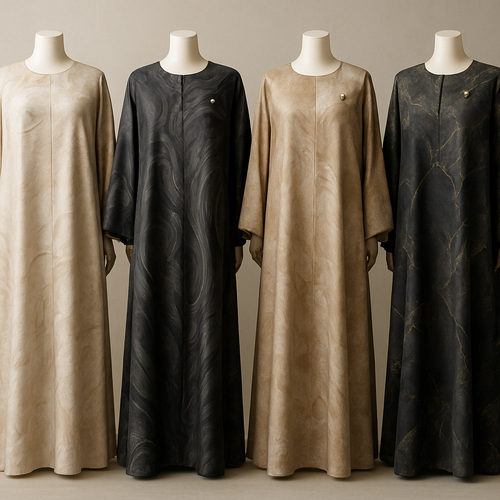 Create a modest boubou, the first of its kind, featuring a unique stone design that exudes a classy and sophisticated vibe. I'd like four designs, each showcasing different styles and fabrics. Incorporate high-end, unique chic stone designs to make them truly special. Add little sophisticated stone designs.