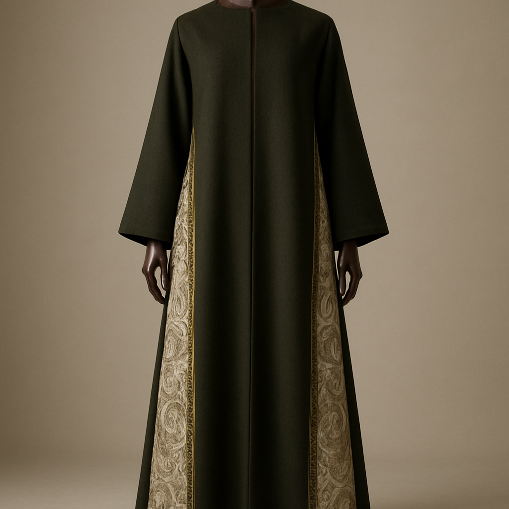 (photorealistic)
"Photorealistic full-length fashion photograph of an ankle-length dark olive dark green abaya displayed on a luxurious dark polished wooden mannequin. The abaya features long side slits from underarm to ankle with an external Kashmiri patterned panel attached to the outer edge of each slit; the Kashmiri panel is jacquard/textured paisley in complementary-ivory white with little olive touches tones. A narrow Najdi geometric embroidery (2–2.5 cm wide) in matte antique-gold thread runs along the outer edge of each panel, with small repeating motifs spaced every 10–15 cm — embroidery visible down to the ankle. Silhouette: straight A-line, soft drape, lightweight wool-blend, lightly lined. Styling: clean neutral studio background, soft directional warm light, full-length view showing panels to the ankle, high-detail texture and fabric realism. Camera: 35mm perspective, shallow depth of field (f/4), high-resolution output (4k)."
(photorealistic)
"Photorealistic full-length fashion photograph of an ankle-length dark olive dark green abaya displayed on a luxurious dark polished wooden mannequin. The abaya features long side slits from underarm to ankle with an external Kashmiri patterned panel attached to the outer edge of each slit; the Kashmiri panel is jacquard/textured paisley in complementary-ivory white with little olive touches tones. A narrow Najdi geometric embroidery (2–2.5 cm wide) in matte antique-gold thread runs along the outer edge of each panel, with small repeating motifs spaced every 10–15 cm — embroidery visible down to the ankle. Silhouette: straight A-line, soft drape, lightweight wool-blend, lightly lined. Styling: clean neutral studio background, soft directional warm light, full-length view showing panels to the ankle, high-detail texture and fabric realism. Camera: 35mm perspective, shallow depth of field (f/4), high-resolution output (4k)."
, show front and back