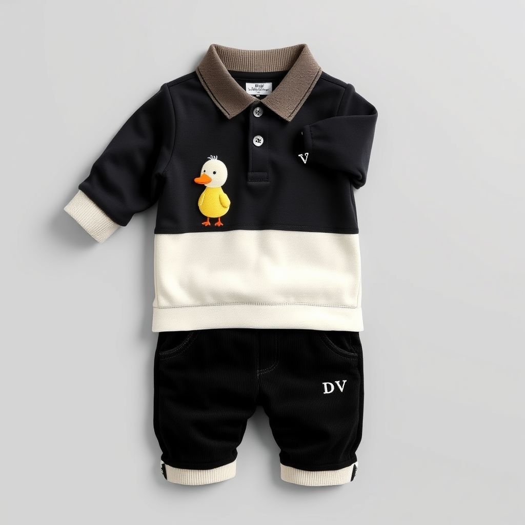 SHEIN 2pcs/Set Baby Boys Cute Duck Embroidery Long Sleeve Polo Shirt & Corduroy Overalls Set, Casual Outfit For Home & Outdoor, All Seasons Black Baby Boys Sets. With “DV” on the bottom left corner.
Design a casual outfit for baby boys featuring a two-piece set: a long sleeve polo shirt adorned with an adorable duck embroidery, paired with cozy, soft corduroy overalls in classic black. Perfect for home relaxation or outdoor play, the outfit subtly showcases “DV” on the bottom left corner, emphasizing playful style.