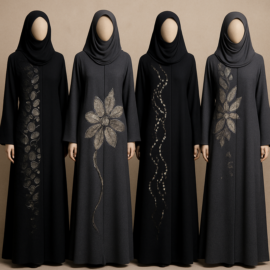 Create a modest abaya that's the first of its kind, featuring a unique stone design that exudes a classy and sophisticated vibe. I'd like four designs, each showcasing different styles and fabrics.Incorporate high-end, unique chic stone designs to make them truly special. And add little cute touch of sophisticated stone designs. Add huge flower and unique designs.
Create a modest abaya that's the first of its kind, featuring a unique stone design that exudes a classy and sophisticated vibe. I'd like four designs, each showcasing different styles and fabrics.Incorporate high-end, unique chic stone designs to make them truly special. And add little cute touch of sophisticated stone designs. Add huge flower and unique designs.