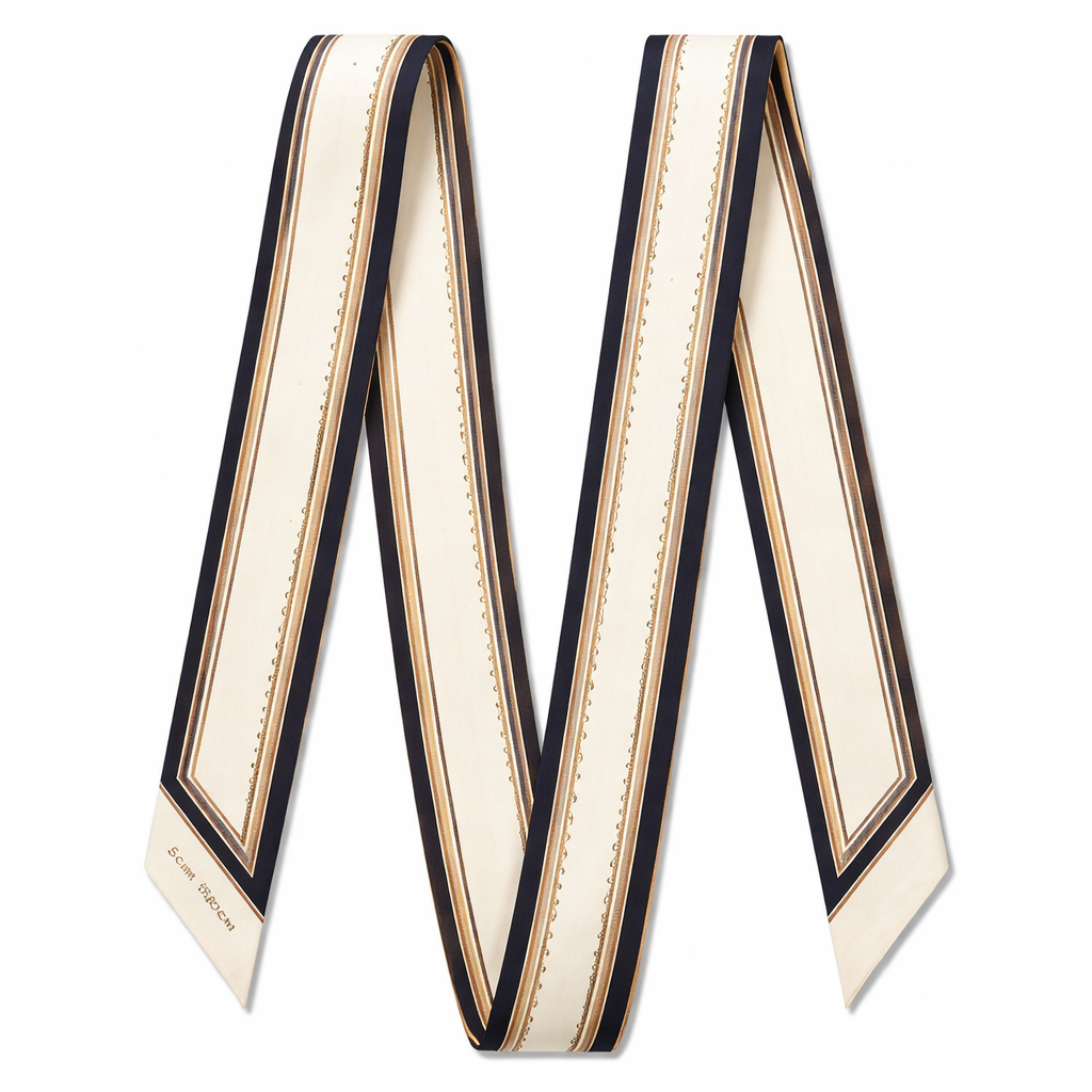 Design a 5cm x 86cm silk twill scarf for a luxury French brand called Jolie Franc. The style is classic, timeless, and tailored. Feature a refined central spine running the full length of the scarf, composed of a continuous line or repeated small rectangular links inspired by couture seam lines. The design should be perfectly symmetrical. Use an ivory or soft champagne base with inky navy and warm camel accents, and a muted antique gold hairline detail. Add a thin framed border and hand-rolled edges. The overall effect should be elegant, architectural, and instantly recognizable when wrapped around a Kelly-style bag handle or worn for refined evening occasions.
Design a 5cm x 86cm silk twill scarf for a luxury French brand called Jolie Franc. The style is classic, timeless, and tailored. Feature a refined central spine running the full length of the scarf, composed of a continuous line or repeated small rectangular links inspired by couture seam lines. The design should be perfectly symmetrical. Use an ivory or soft champagne base with inky navy and warm camel accents, and a muted antique gold hairline detail. Add a thin framed border and hand-rolled edges. The overall effect should be elegant, architectural, and instantly recognizable when wrapped around a Kelly-style bag handle or worn for refined evening occasions., classic style, show front and back