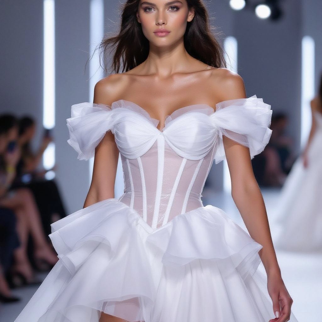 Dress Tall tull off shoulder tight with corset white dress
Tall tulle off-shoulder dress, tight-fitting, with a corset bodice, in white.