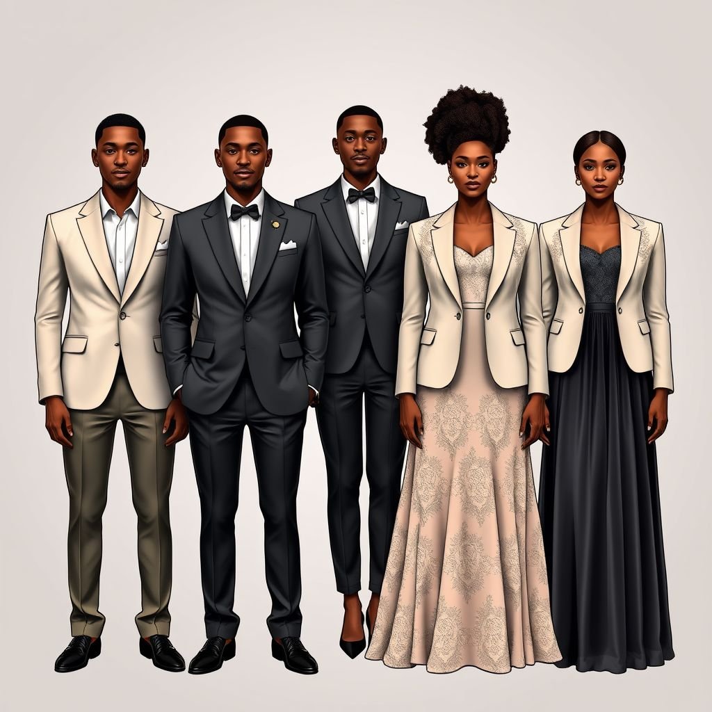 True vine Youth choir outfit. For 2 males and 3 females. With “TVYC” on it. Make sure the female and males have no jewelry on. The blazer is nice for female, add lace to it, and make the skirt a maxi skirt. Add “TVYC” to both the female and male outfit
Create a sophisticated business fashion ensemble for the True Vine Youth Choir, featuring two males and three females. Each outfit prominently displays “TVYC.” The males wear tailored blazers with crisp trousers, while the females don elegant blazers adorned with delicate lace and flowing maxi skirts, all without jewelry for a polished, professional look.