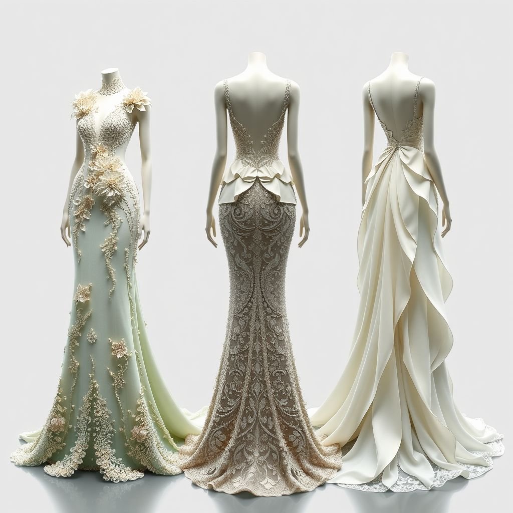 I want a long richly beaded dress with 3d structures I want 3 option and all full length . around the shoulder and hip
Design three captivating haute couture gowns, each showcasing a floor-length silhouette adorned with intricate beadwork and stunning 3D structures. One features a cascading floral design along the shoulders, another boasts sculpted geometric forms accentuating the hips, and the third incorporates ethereal draping that elegantly transforms the gown’s movement into art.