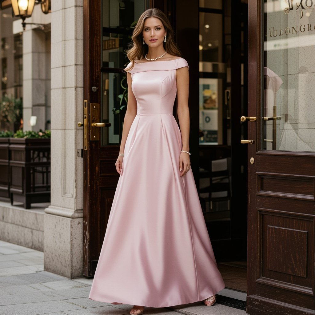 Vestido largo que tenga escencia de cisne y que sea rosa bebé con joyería
Classic fashion: Long pink silk dress, A-line, with a bateau neckline. Accessorized with classic pearl jewelry.