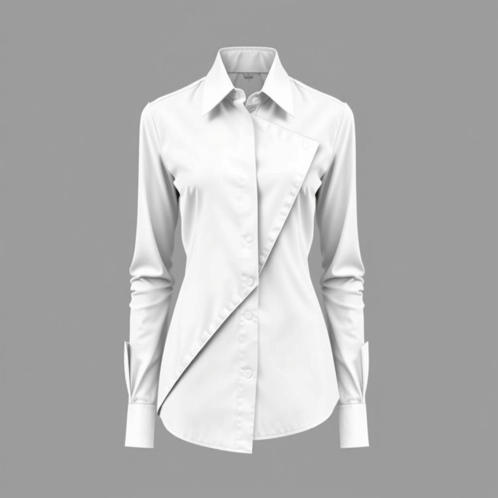 Long sleeved Shirt ,Edgy shirt ,artsy ,cassual ,contemporer ,elegant , white ,unique,unique pattern,a symetris.
Design a long-sleeved business shirt that merges edgy and artsy elements with contemporary elegance. The shirt should be white, featuring a unique asymmetric pattern that adds a bold twist to classic tailoring. Incorporate clean lines and sophisticated details, ensuring it remains versatile yet stands out in a professional setting.