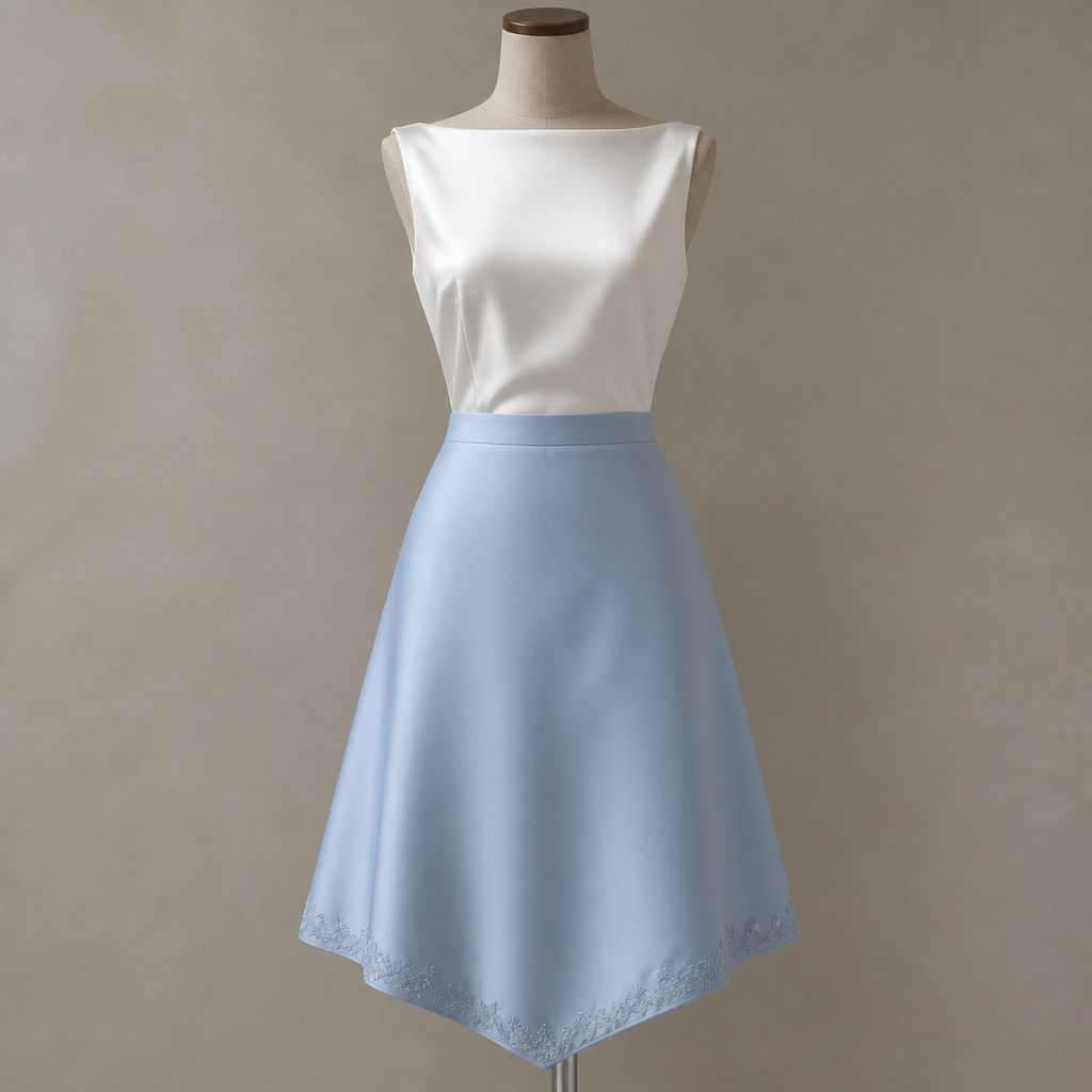 i need small boat neck top sleveless the fabric like satin white color and i need the skirt sky blue clor A line skirt and small lyse detiling in botom and its botom like v shape and i need simple no need any pleted or something
photorealistic fashion design, i need small boat neck top sleveless the fabric like satin white color and i need the skirt sky blue clor A line skirt and small lyse detiling in botom and its botom like v shape and i need simple no need any pleted or something, just the design no text