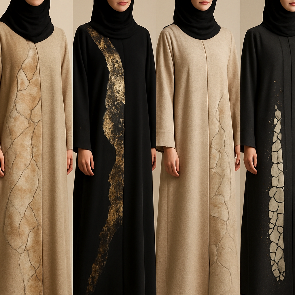 Create a modest chic abaya, the first of its kind, featuring a unique stone design that exudes a classy and sophisticated vibe. I'd like four designs, each showcasing different styles and fabrics. Incorporate high-end, unique chic stone designs to make them truly special. Add little sophisticated stone designs.

Create a modest chic abaya, the first of its kind, featuring a unique stone design that exudes a classy and sophisticated vibe. I'd like four designs, each showcasing different styles and fabrics. Incorporate high-end, unique chic stone designs to make them truly special. Add little sophisticated stone designs.