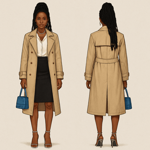 Black woman 
White blouse
Beige trench coat
Pencil skirt 
Silver jewelry thing high
String heels 
Blue jean purse 
