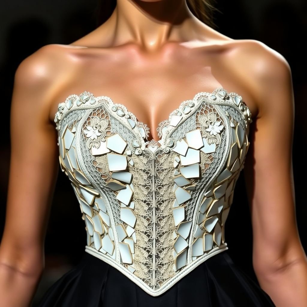 Corset made out of broken china plates sweetheart style
Imagine a breathtaking corset crafted from shattered china plates, each piece artfully arranged to form a visually stunning mosaic. The sweetheart neckline accentuates the décolletage, while intricate lace detailing weaves through the cracks, blending fragility with bold elegance. This avant-garde piece balances historical craftsmanship with contemporary edgy fashion, perfect for a daring runway show.