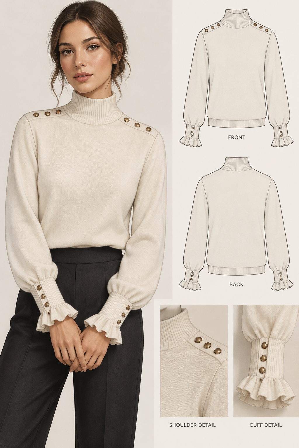 Pullover with a high neck, buttons on the shoulders, and ruffles and buttons at the cuffs.
Pullover with a high neck, buttons on the shoulders, and ruffles and buttons at the cuffs.