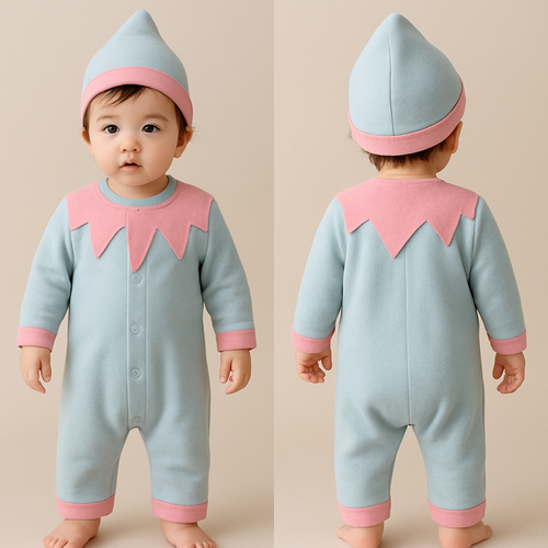 一歳の男の子着用画
淡い水色ベースにピンクの差し色の小人のような全身コーディネート
カバーオール
頭から足まで