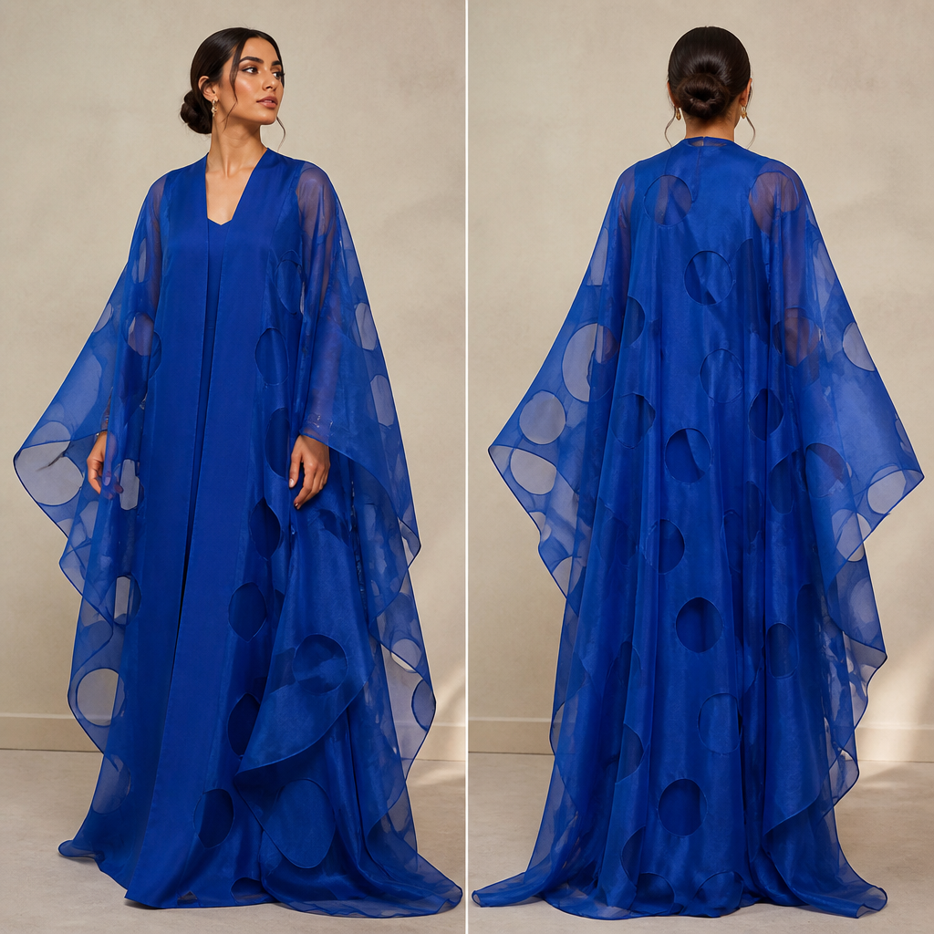 A Dress design, made of Cotton, for Party, suitable for Spring, in Elegant + Middle Eastern + Quiet Luxury style. thisbis beautiful layered abaya with short sleeve slip dress underneath the sheer cut circle on the top fabric. this abaya is bright royal blue 💙 fabric
the sleeves are realex oversized .it's pretty and floating. Design with modest coverage.
photorealistic fashion design, A Dress design, made of Cotton, for Party, suitable for Spring, in Elegant + Middle Eastern + Quiet Luxury style. thisbis beautiful layered abaya with short sleeve slip dress underneath the sheer cut circle on the top fabric. this abaya is bright royal blue 💙 fabric
the sleeves are realex oversized .it's pretty and floating. Design with modest coverage., elegant style, just the design no text, show front and back