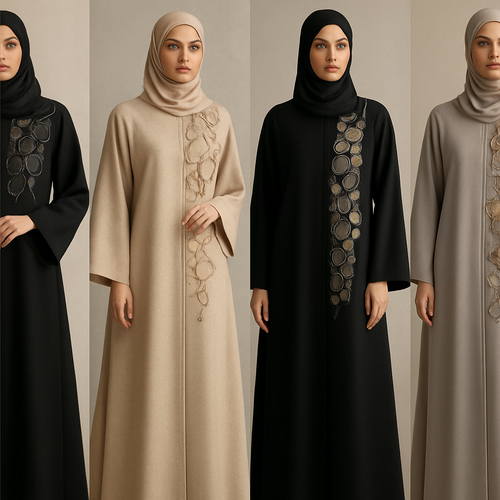 Create a modest abaya, first of its kind, featuring a unique stone design that exudes a classy and sophisticated vibe. I'd like four designs, each showcasing different styles and fabrics. Incorporate high-end, unique chic stone designs to make them truly special. Add little sophisticated stone designs. Make it irresistible for customers 