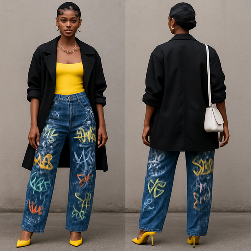 Black woman 
Finger waves 
Yellow spaghetti strap shirt 
Black trench coat sleeves rolled up 
Big jeans with graffiti 
White purse 
Yellow heels 
Gold jewelry 
