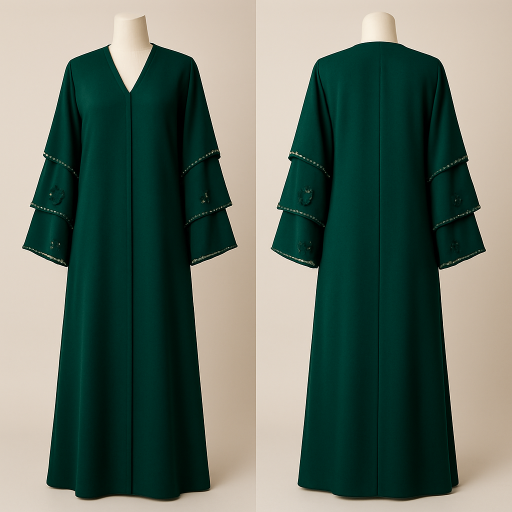 The Luxury Double-Sleeve Abaya
Tone: Deep Emerald
Design:
Layered double-sleeve with stone outlines and a few floral appliqués.
Why it will sell:
Double-sleeve designs trend every year sophisticated and instantly attractive.
The Luxury Double-Sleeve Abaya
Tone: Deep Emerald
Design:
Layered double-sleeve with stone outlines and a few floral appliqués.
Why it will sell:
Double-sleeve designs trend every year sophisticated and instantly attractive.
, show front and back