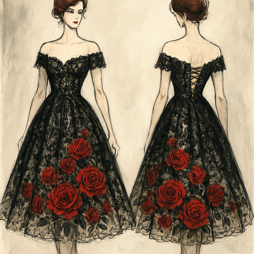 Lace black with champagne underlay swing dress with off the shoulder sleeves with red roses cascading towards the bottom of the dress. Corset top with lace back.