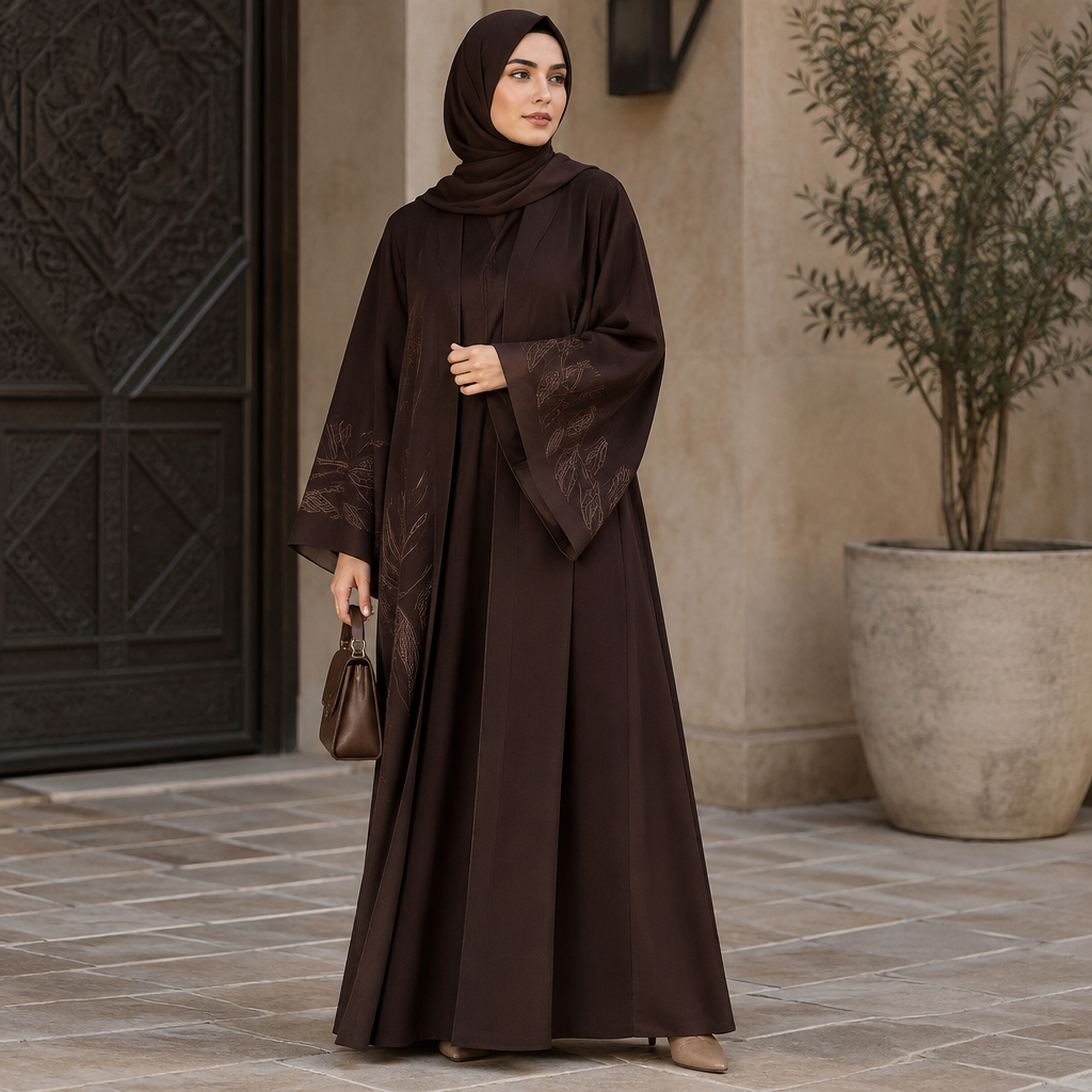 A Female Abaya design, suitable for Fall. IQ fashion aesthetics. Current season is Autumn in IQ. Present it as professional fashion catalogue photography: the garment is the subject, shown full-length with editorial styling, neutral posing and tasteful, non-suggestive framing.
photorealistic fashion design, A Female Abaya design, suitable for Fall. IQ fashion aesthetics. Current season is Autumn in IQ. Present it as professional fashion catalogue photography: the garment is the subject, shown full-length with editorial styling, neutral posing and tasteful, non-suggestive framing., just the design no text