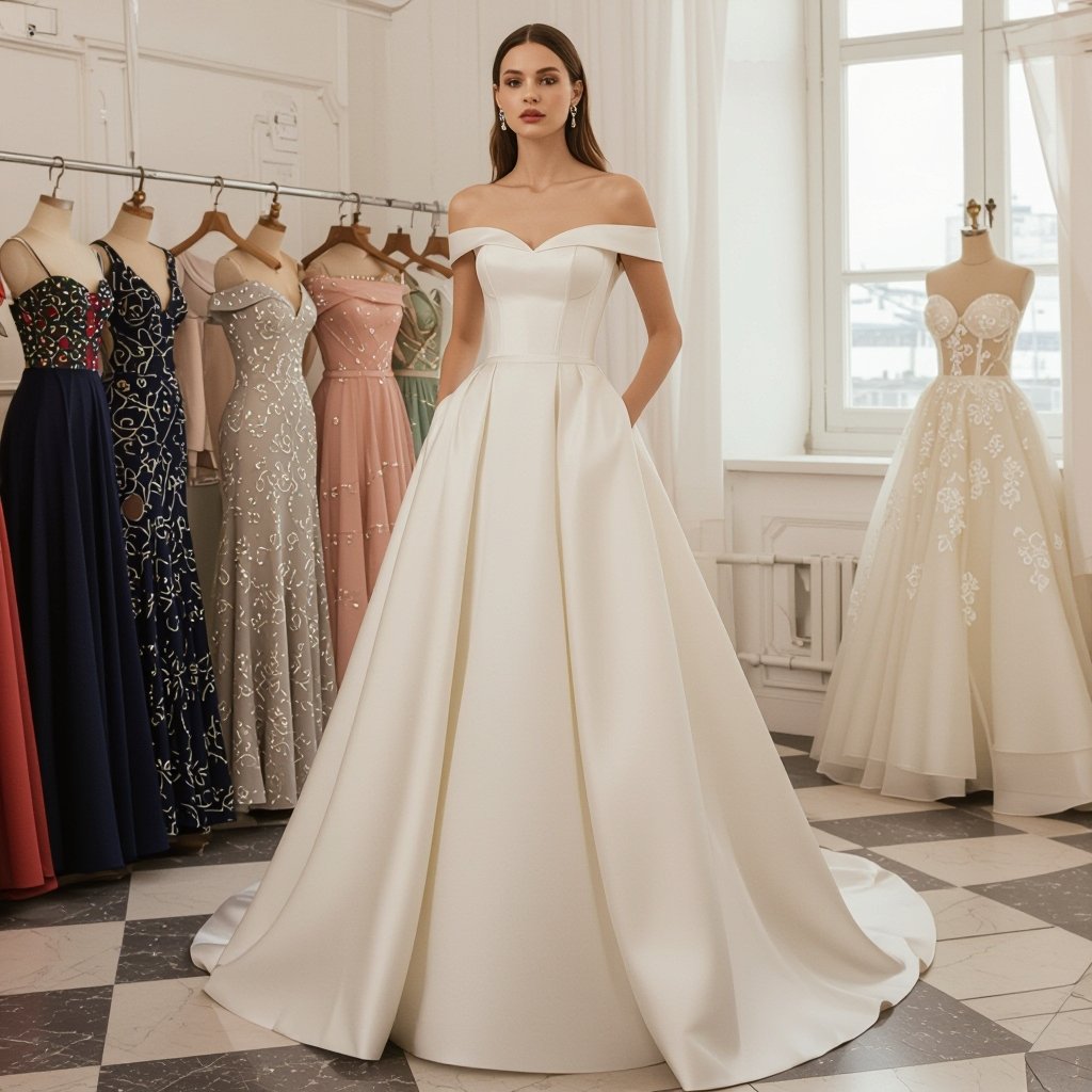 Create a mannequin wearing a cream satin gown with an off-shoulder corset top, floral embroidery, and a fitted waist flowing into a sleek floor-length skirt with a small train
Mannequin in a cream satin gown. Off-shoulder corset top with floral embroidery. Fitted waist flows into a sleek floor-length A-line skirt with a small train.