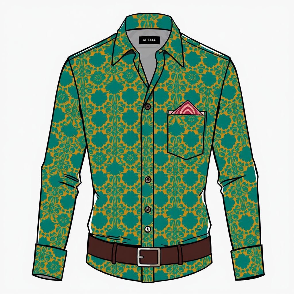 Stylish 40s man shirt
Design a dapper 1940s-inspired man’s shirt with a fitted silhouette, featuring a bold, geometric print in rich mustard and deep teal. Incorporate a classic spread collar and tailored cuff links. Add subtle details like a front pocket with a vintage-inspired handkerchief peeking out, evoking an era of timeless elegance and sophistication.
