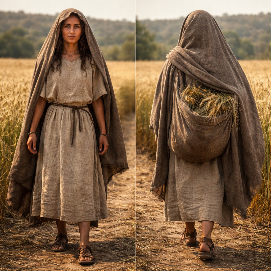 a "Kuttonet," a durable, T-shaped tunic made of coarse, unbleached wool or linen, cinched at the waist with a sturdy leather cord to allow her to move easily while gleaning grain. To protect herself from the harsh Levantine sun, she would have draped a heavy, rectangular outer cloak called a "Simlah" over her shoulders—a versatile garment that served as a head covering, a sack for carrying gathered barley, and a blanket at night. Her look was strictly practical, featuring worn leather sandals for the rocky soil and a simple linen headscarf, with her skin smelling of the earth and the toasted harvest rather than the costly perfumes of a palace.
a "Kuttonet," a durable, T-shaped tunic made of coarse, unbleached wool or linen, cinched at the waist with a sturdy leather cord to allow her to move easily while gleaning grain. To protect herself from the harsh Levantine sun, she would have draped a heavy, rectangular outer cloak called a "Simlah" over her shoulders—a versatile garment that served as a head covering, a sack for carrying gathered barley, and a blanket at night. Her look was strictly practical, featuring worn leather sandals for the rocky soil and a simple linen headscarf, with her skin smelling of the earth and the toasted harvest rather than the costly perfumes of a palace., show front and back