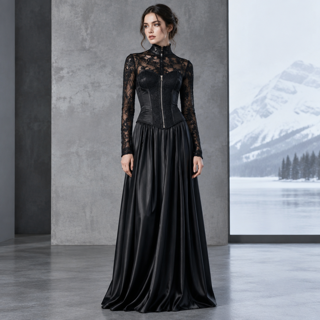 A Female Dress design, with modest, full coverage: longer hemlines, higher necklines and covered shoulders, suitable for Fall. black lace corset top with exposed silver zipper long silk black skirt. Canada fashion aesthetics. Present it as professional fashion catalogue photography: the garment is the subject, shown full-length with editorial styling, neutral posing and tasteful, non-suggestive framing.
photorealistic fashion design, A Female Dress design, with modest, full coverage: longer hemlines, higher necklines and covered shoulders, suitable for Fall. black lace corset top with exposed silver zipper long silk black skirt. Canada fashion aesthetics. Present it as professional fashion catalogue photography: the garment is the subject, shown full-length with editorial styling, neutral posing and tasteful, non-suggestive framing., just the design no text