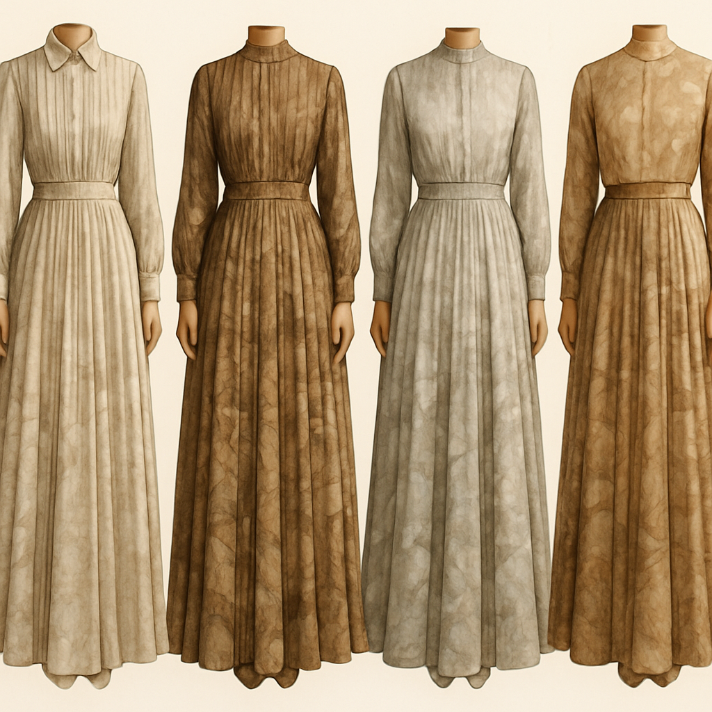 Create a modest two-piece long dress and shirt using symmetric pleat and silk, the first of its kind, featuring a unique stone design that exudes a classy and sophisticated vibe. I'd like four designs, each showcasing different styles and fabrics. Incorporate high-end, unique chic stone designs to make them truly special. Add little sophisticated stone designs.
Create a modest two-piece long dress and shirt using symmetric pleat and silk, the first of its kind, featuring a unique stone design that exudes a classy and sophisticated vibe. I'd like four designs, each showcasing different styles and fabrics. Incorporate high-end, unique chic stone designs to make them truly special. Add little sophisticated stone designs.