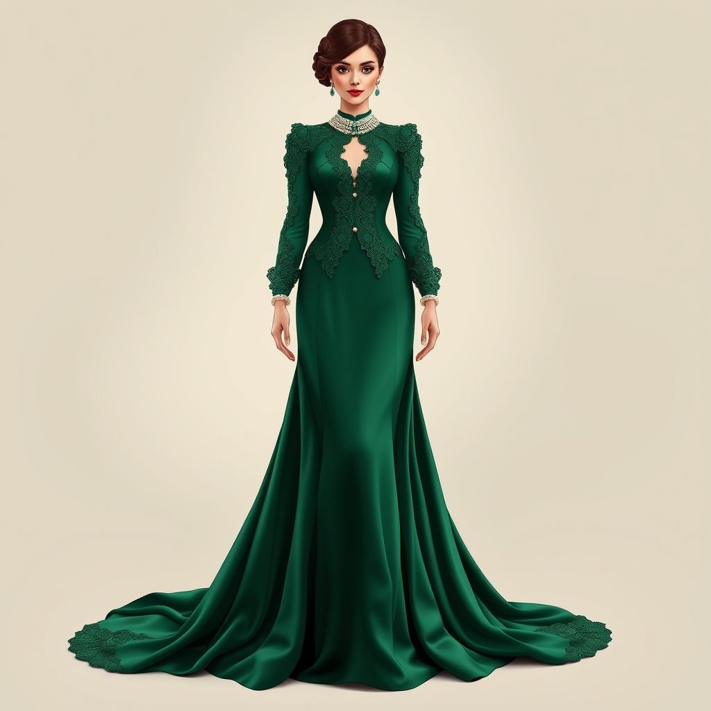 Like old money
Design an opulent evening gown in the classic style of old money, featuring luxurious silk fabric in a deep emerald green. Incorporate intricate lace detailing along the sleeves and a tailored bodice, flowing into a sweeping, dramatic train. Accentuate with pearl accessories and a vintage-inspired brooch for timeless elegance.
