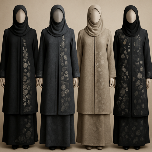 Create a modest two piece abaya, first of its kind, featuring a unique stone design that exudes a classy and sophisticated vibe. I'd like four designs, each showcasing different styles and fabrics. Incorporate high-end, unique chic stone designs to make them truly special. Add little sophisticated stone designs. Make it irresistible!