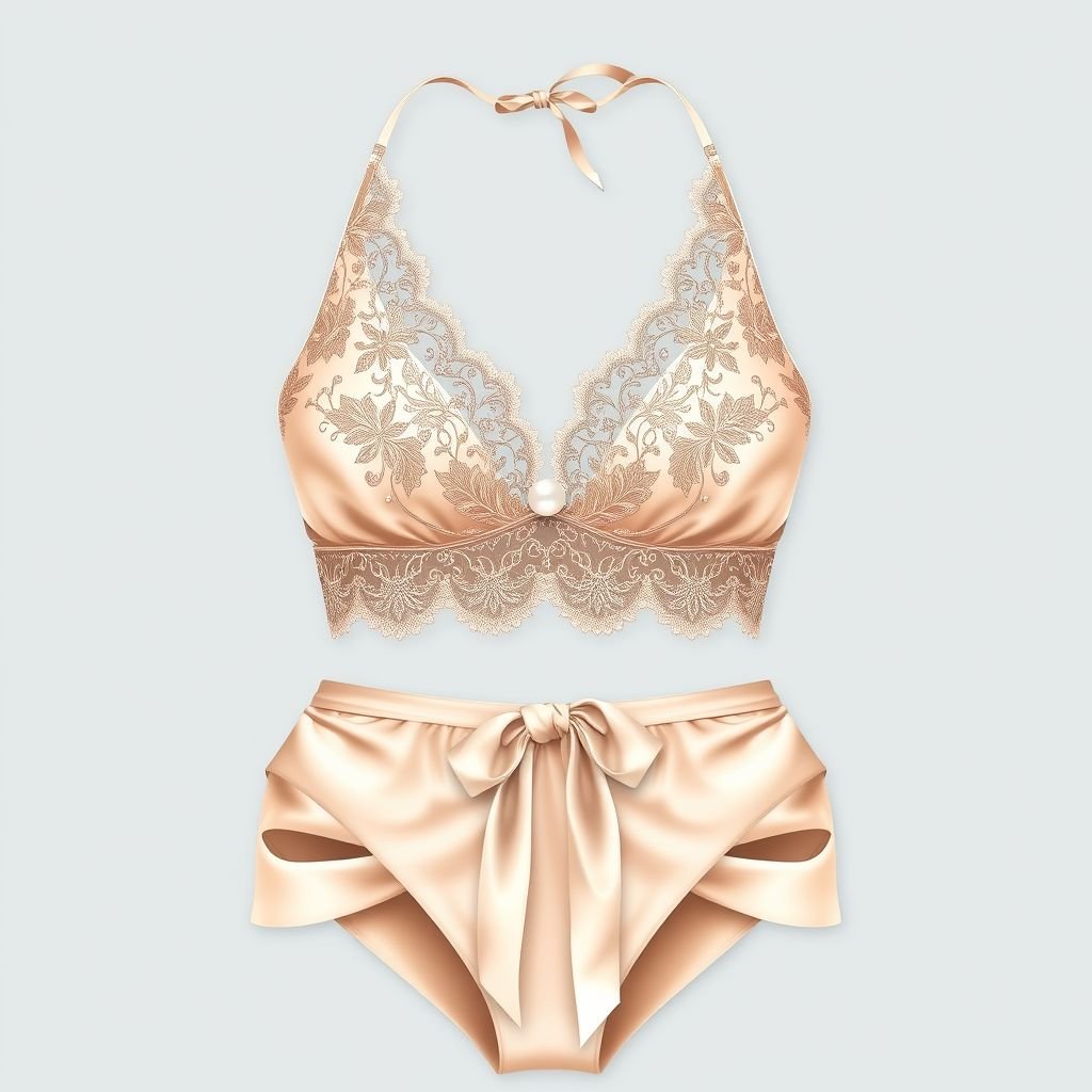 Bikini top and bottom
Design an elegant bikini set featuring a delicate silk halter neck top embellished with intricate lace patterns and subtle pearl accents. The bottom showcases high-waisted cuts with elegant draping and a matching silk ribbon belt. The color palette combines soft pastels and shimmering metallics, radiating sophistication and glamour for poolside lounging.