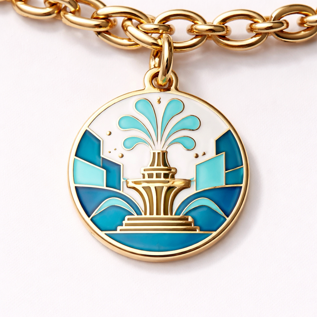Make an enamel charm for a bracelet. It needs to be inspired by Kansas City being the city of fountains. No words. Keep it super simple. Let’s have it be geometric and modern
Make an enamel charm for a bracelet. It needs to be inspired by Kansas City being the city of fountains. No words. Keep it super simple. Let’s have it be geometric and modern , classic style